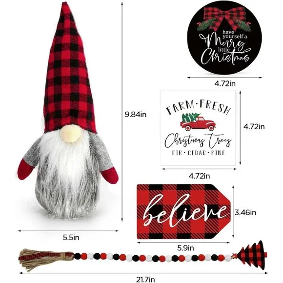 New Believe Merry Christmas Wooden Signs & Buffalo Plaid Gnomes Plush Set Decor - Picture 6 of 6